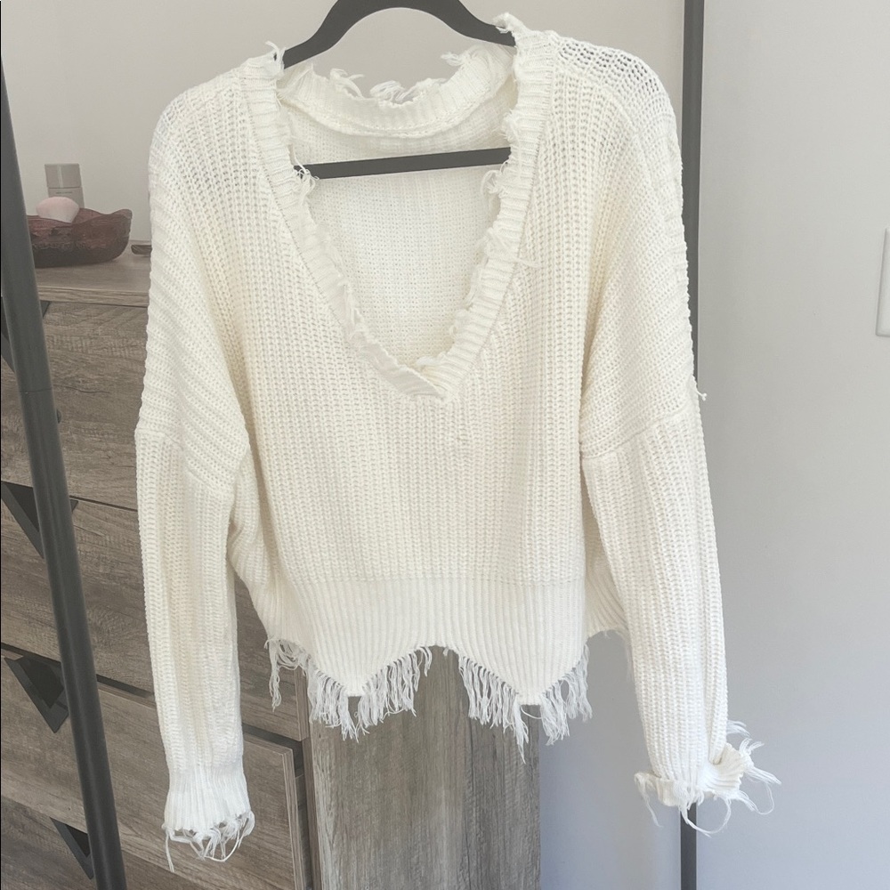 Women's Cream Distressed Sweater